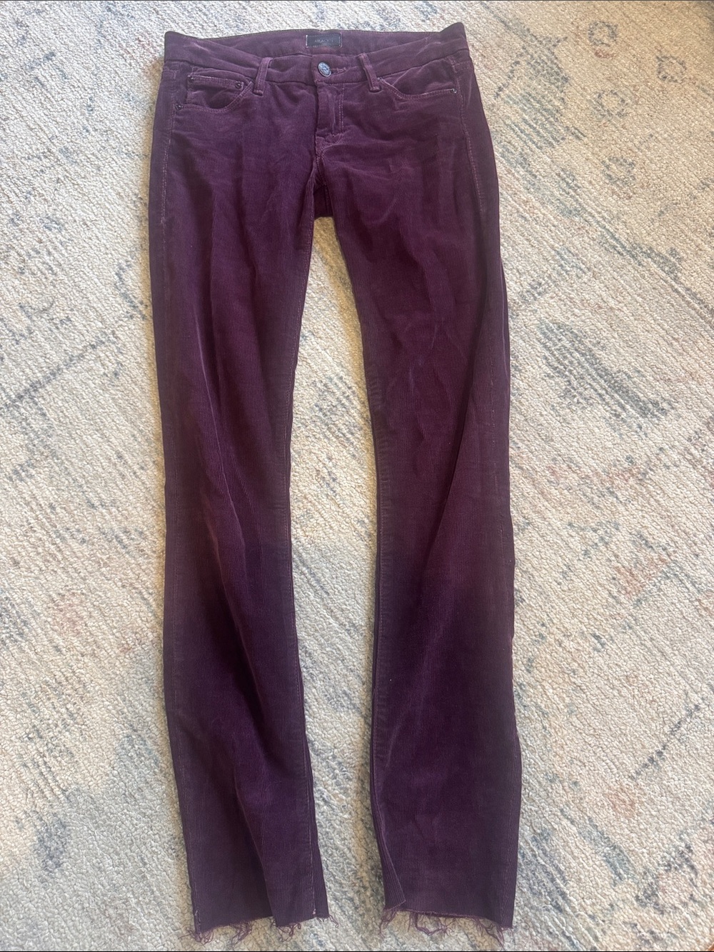 MOTHER the looker Women's Corduroy Pants in Deep Plum with frayed hem